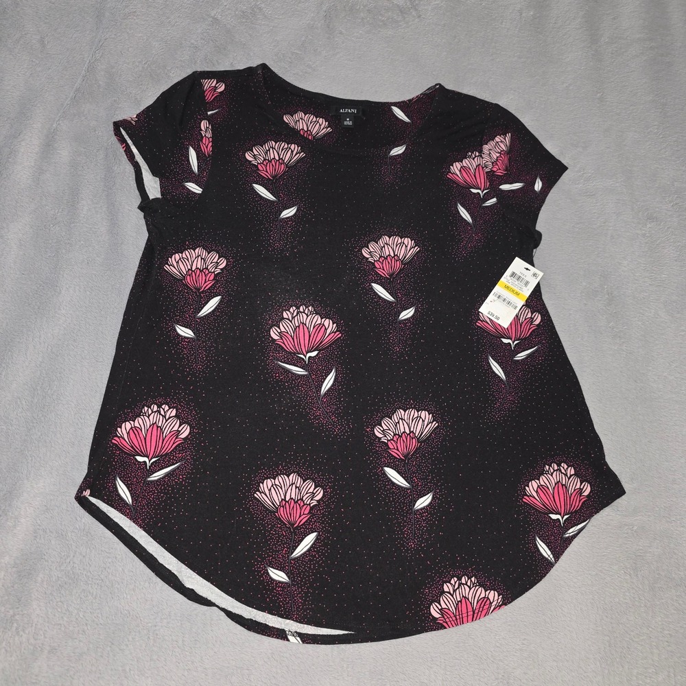 Alfani Womens Pink Floral Black Short Sleeve Crew Neck T-Shirt Top Medium NWT